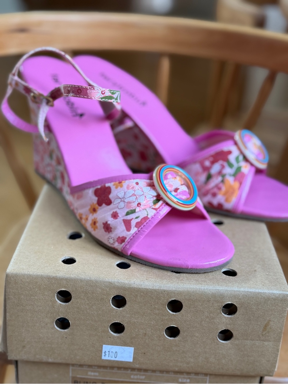 Farylrobin Pink Floral Wedge Sandals with Rainbow Medallion
